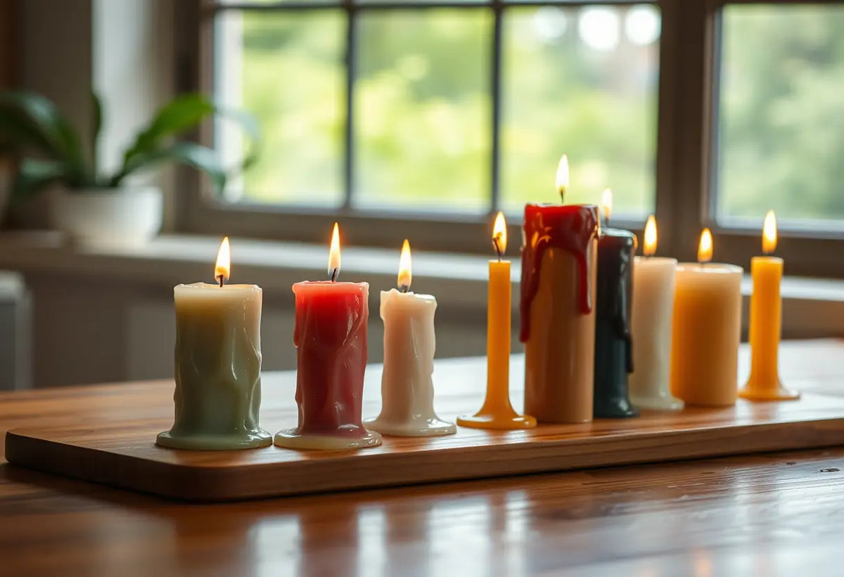 Un comptoir en bois avec des bougies multicolores partiellement fondues, symbole de croissance personnelle.