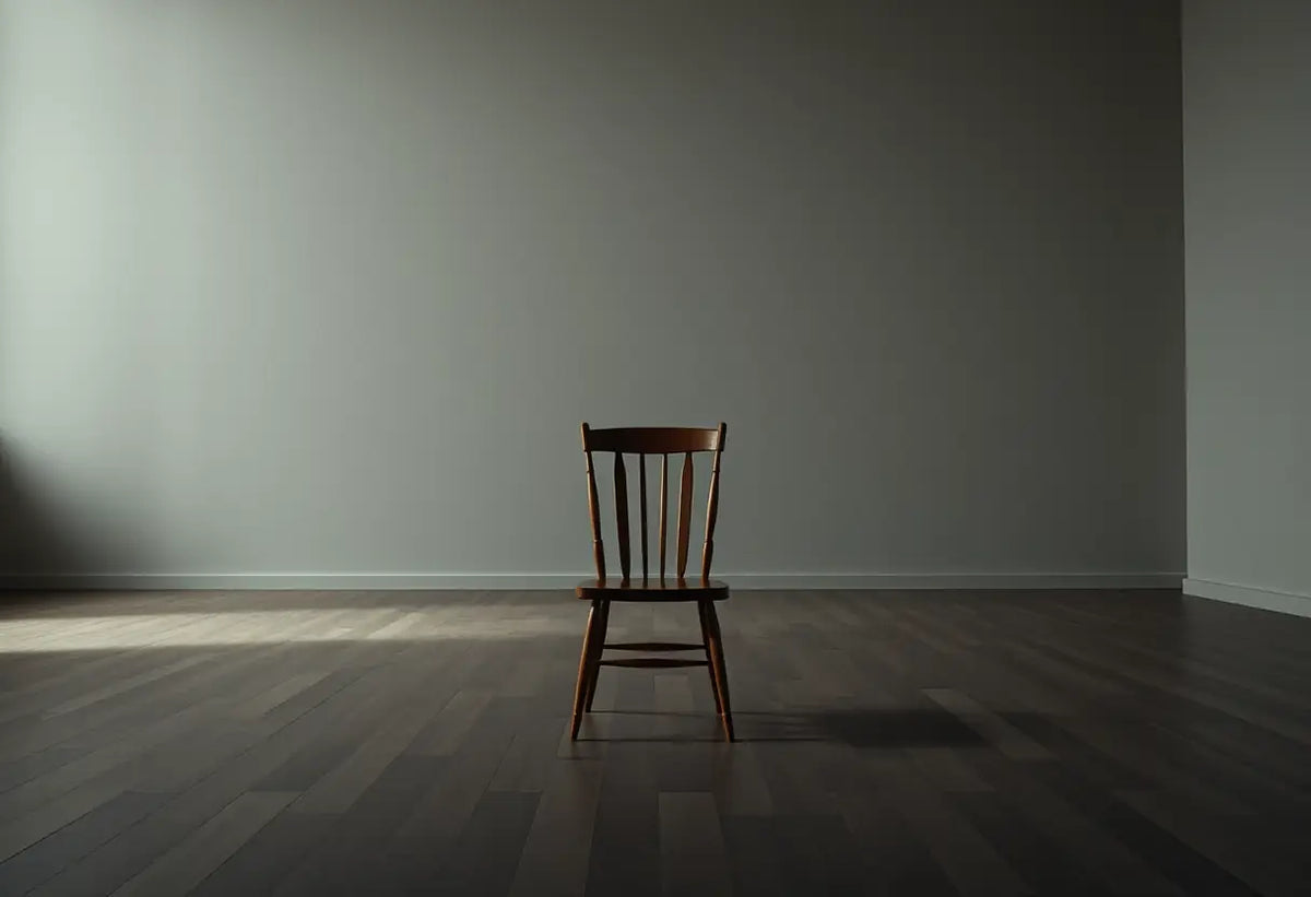 Chaise en bois dans une pièce vide, éclairant la solitude