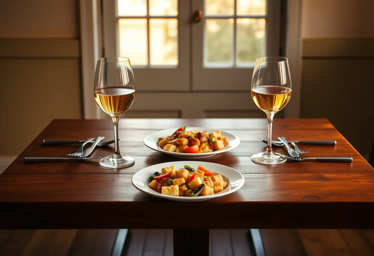 Un couvert pour deux personnes avec des verres de vin pleins et un plat de nourriture intact