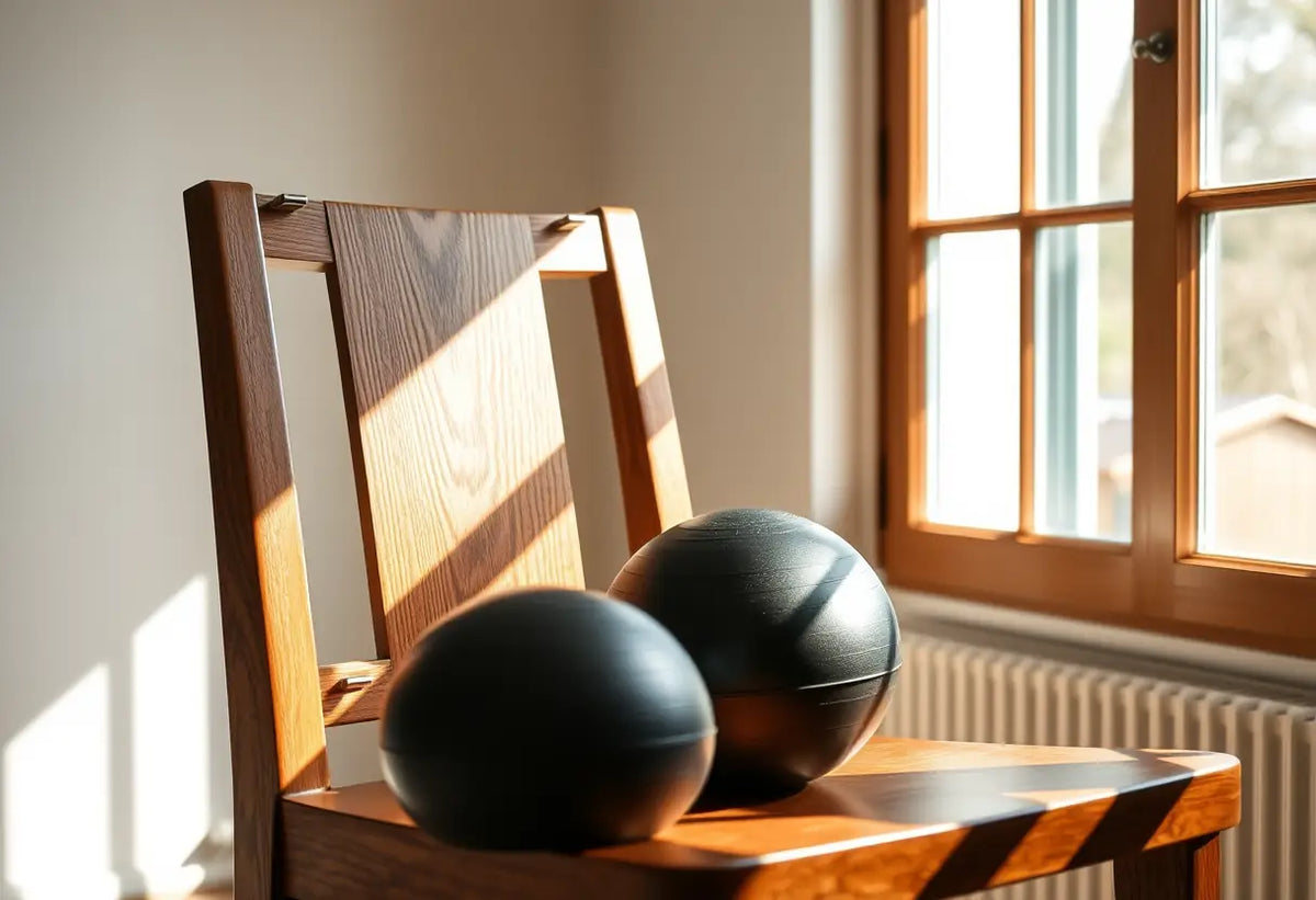 Un fauteuil en bois dans un salon avec une balle d'exercice noire