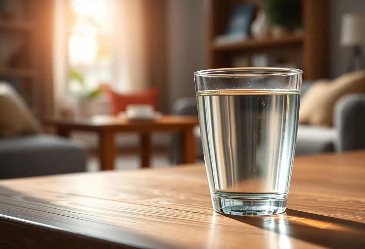 Un verre d'eau sur une table en bois dans un salon chaleureux, soulignant la pureté de l'eau.