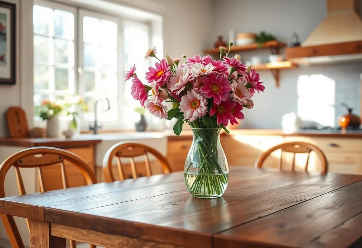 Table de cuisine avec une vasque de fleurs fraîches