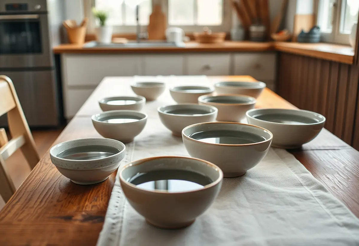 Un plan incliné d'une table en bois dans une cuisine, couverte d'un linge blanc avec des bols en céramique remplis d'eau