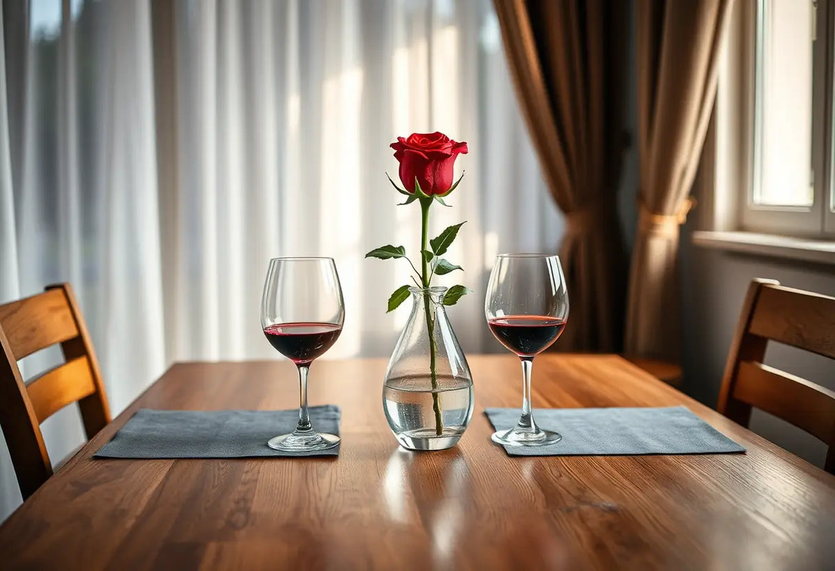 Table dressée pour deux avec une rose rouge au centre, éclairée par la lumière du soir