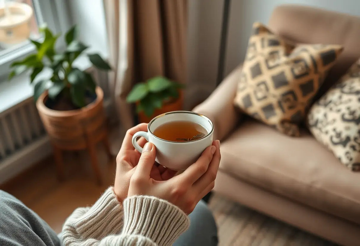 Deux mains tenant une tasse de thé herbeux dans un salon accueillant