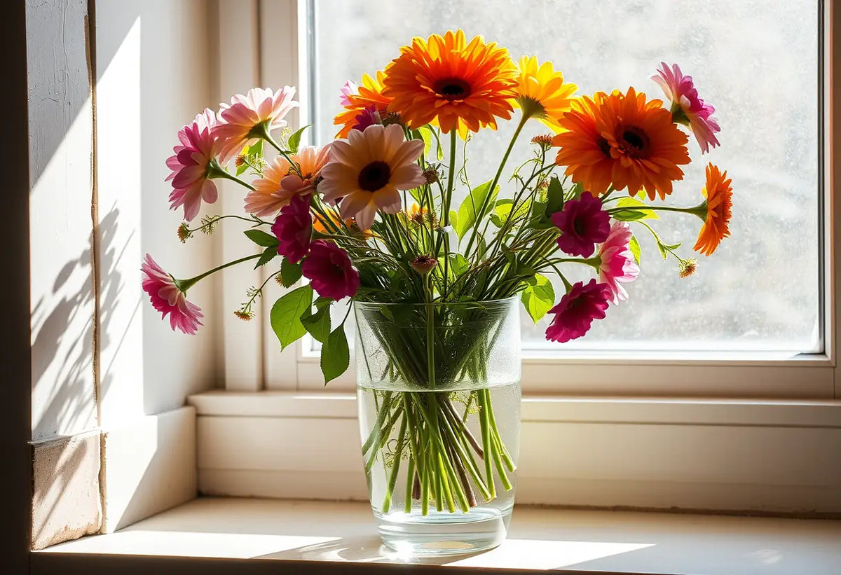 Vase de fleurs sur un rebord de fenêtre, lumière naturelle mettant en valeur la beauté des fleurs