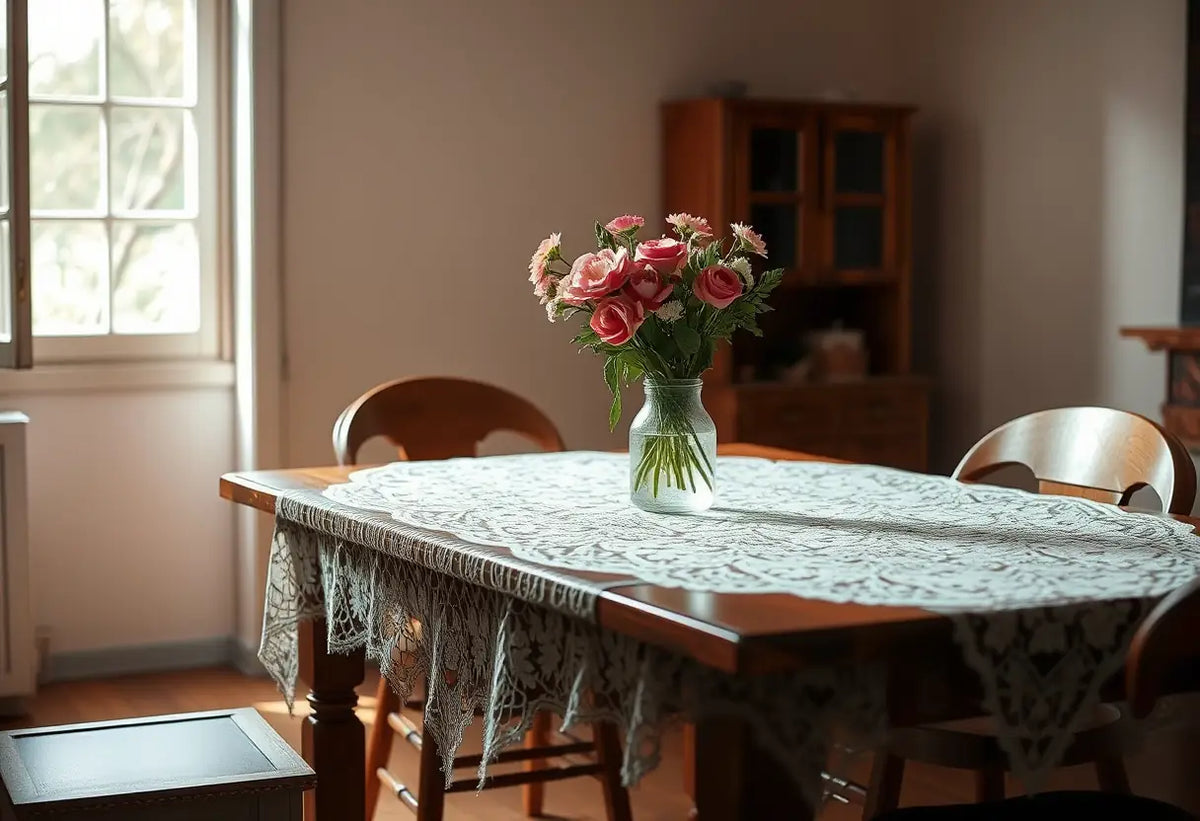 Un couvert sur une table en bois avec une nappe dentelle et un vase de fleurs fraîches