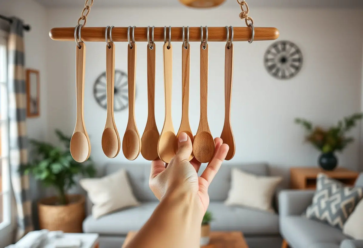 Cuillères en bois accrochées à un porte-manteau dans un salon confortable, une main tendue vers l'une d'elles, langage de l'amour par le geste
