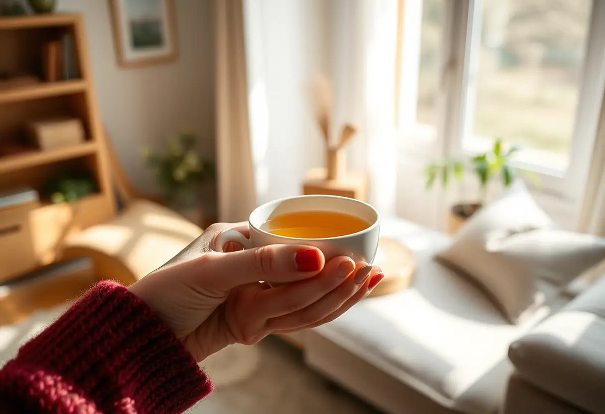 Une main féminine tenant une tasse de thé aromatisé dans un salon accueillant
