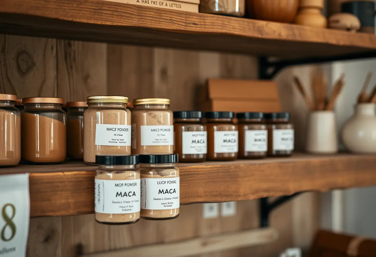 Des pots de poudre de maca alignés sur une étagère en bois rustique dans un bureau accueillant