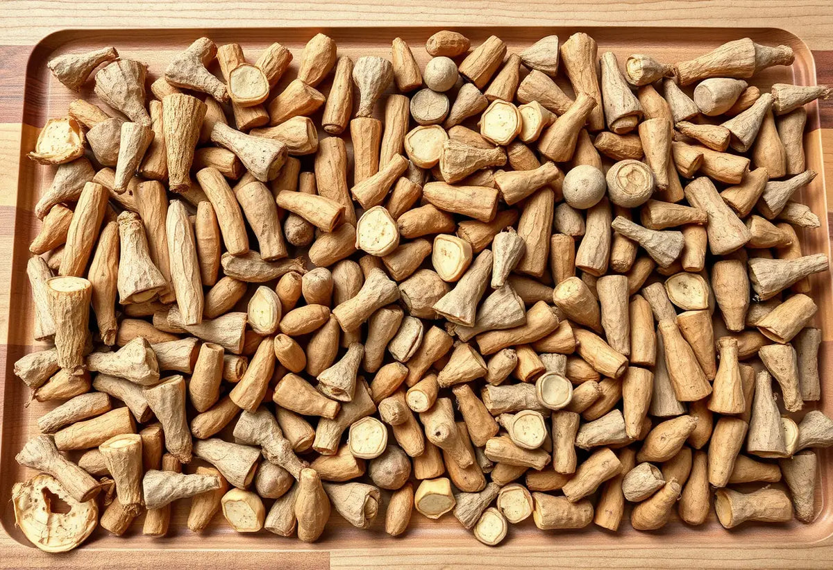 Un plan de travail en bois garni de différentes variétés de racines de maca sèches, lumière naturelle