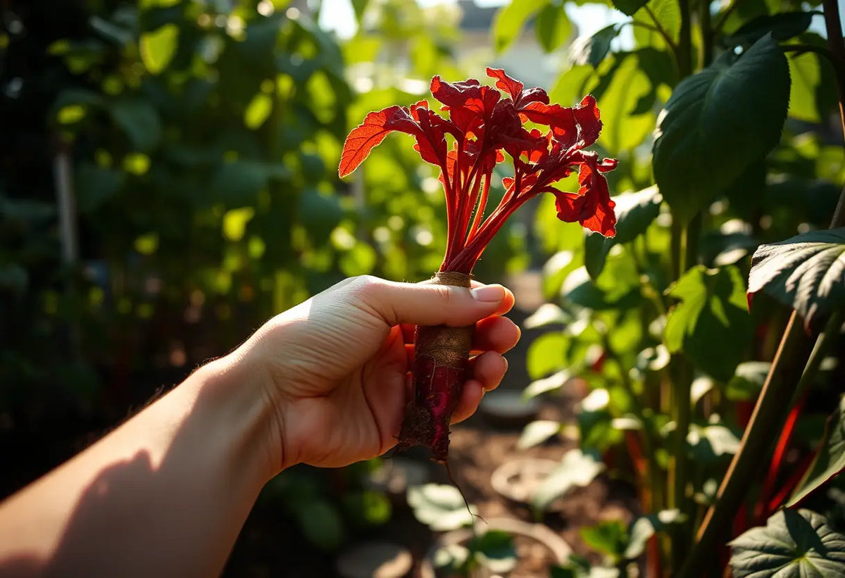 Une main tient une racine rouge dans un jardin, lumière naturelle