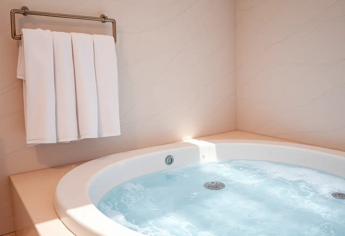 Des serviettes douces sont suspendues sur un porte-serviettes près d'un jacuzzi ovale luxueux rempli d'eau parfumée au lavandin