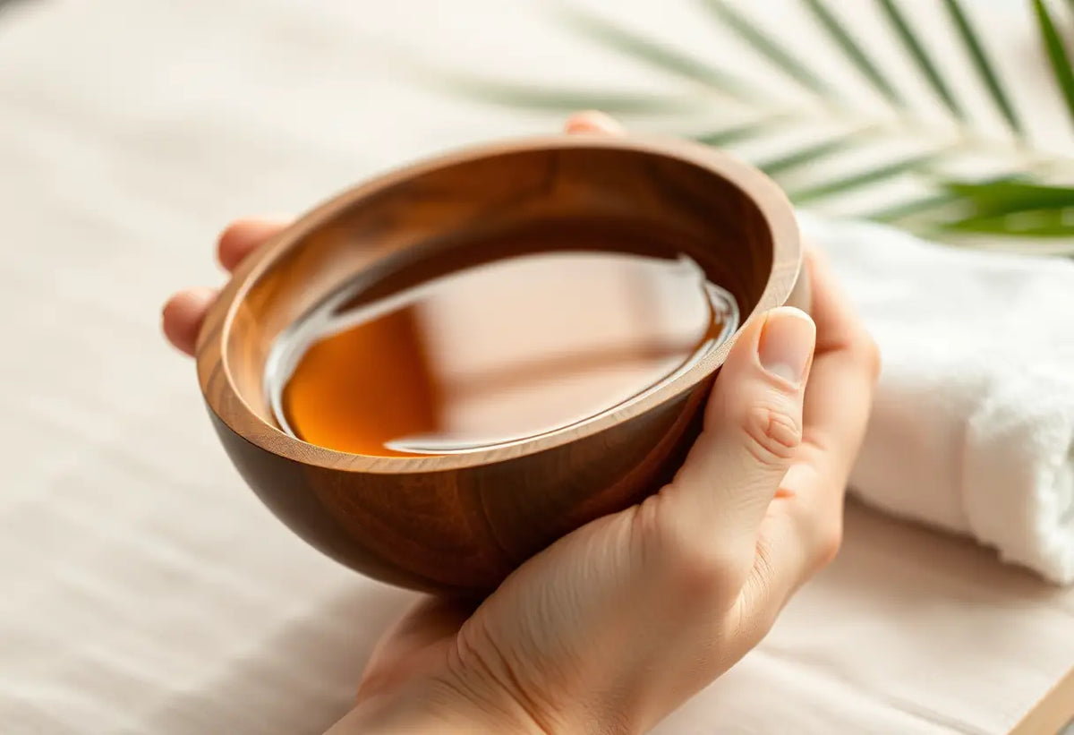 Une main tenant un bol en bois avec des huiles parfumées, illustrant le massage tantrique.