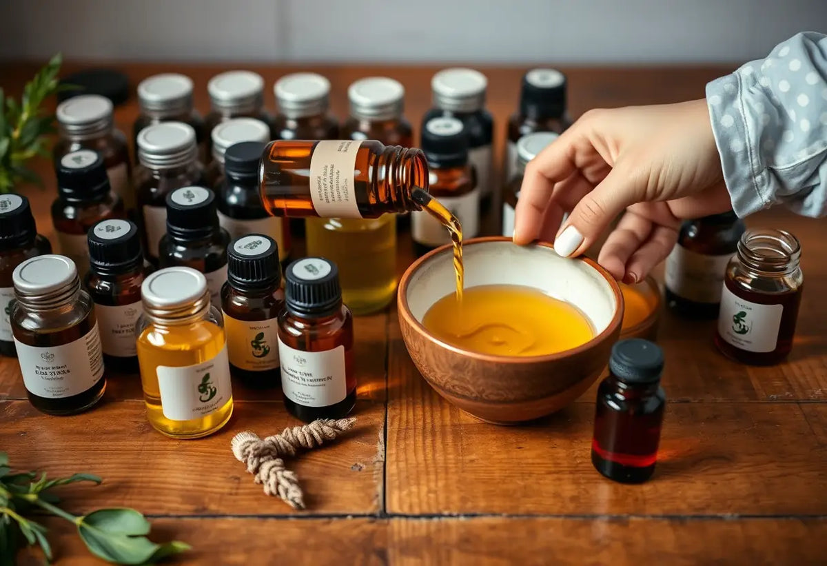 Un bureau avec des bouteilles d'huiles essentielles pour un massage tantrique