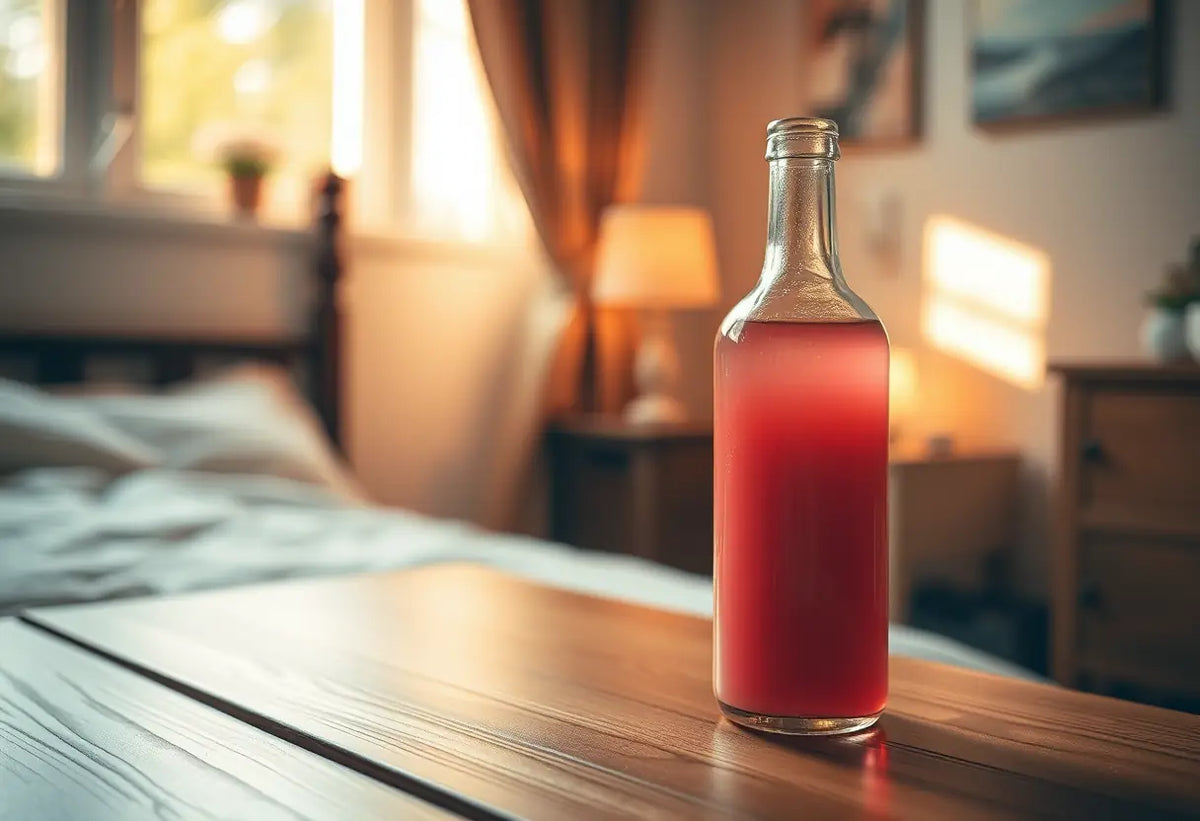 Un flacon en verre avec un liquide rose sur une table en bois dans une chambre