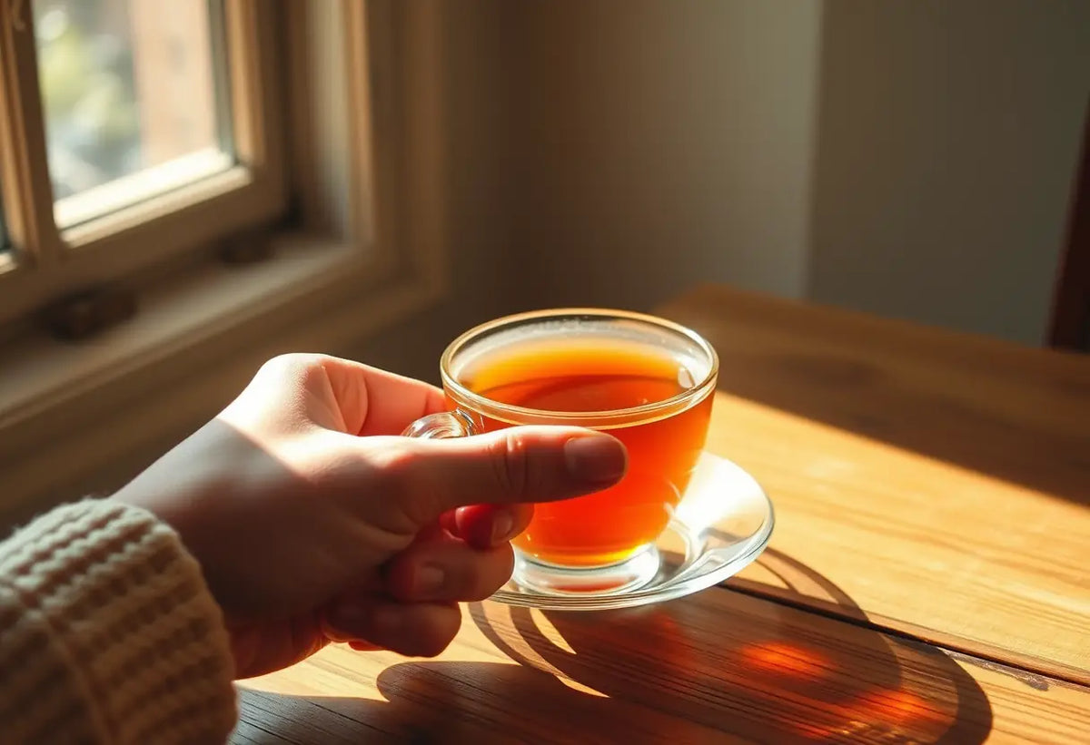 Une main féminine tient une tasse de thé herboriste