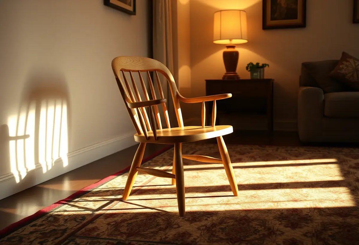 Un fauteuil en bois dans un salon accueillant, éclairé par la lumière d'un abat-jour