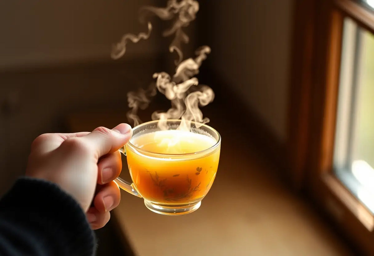 Une main tenant une tasse de thé aromatique, chaleur apaisante