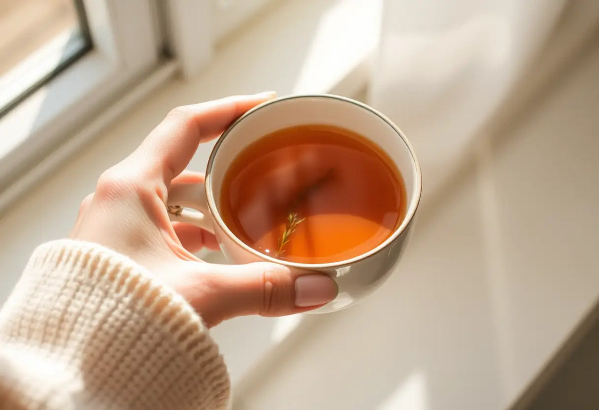 Une main féminine tient une tasse de thé, éclairée par la lumière du soleil.