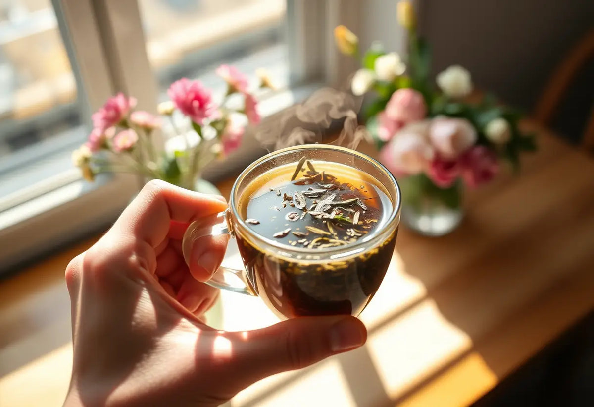 Une main tenant une tasse de thé aux herbes, éclairée par la lumière du soleil, avec des fleurs fraîches au fond.