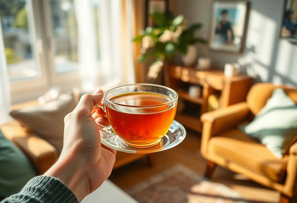 Une main tenant une tasse de thé chaud dans un salon accueillant, lumière naturelle tamisée