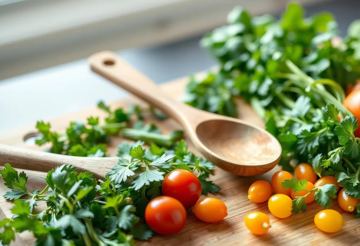 Poêlon en bois sur planche à découper avec herbes et légumes frais