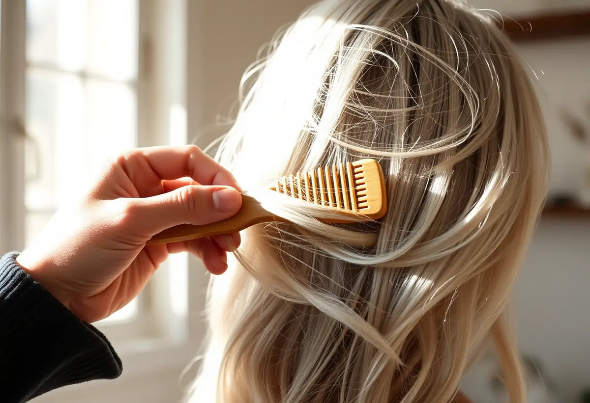 Une main tenant une brosse en bois dans les cheveux argentés