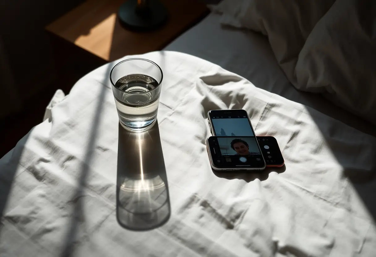 Une table de nuit avec une bouteille d'eau et un téléphone intelligent filmant