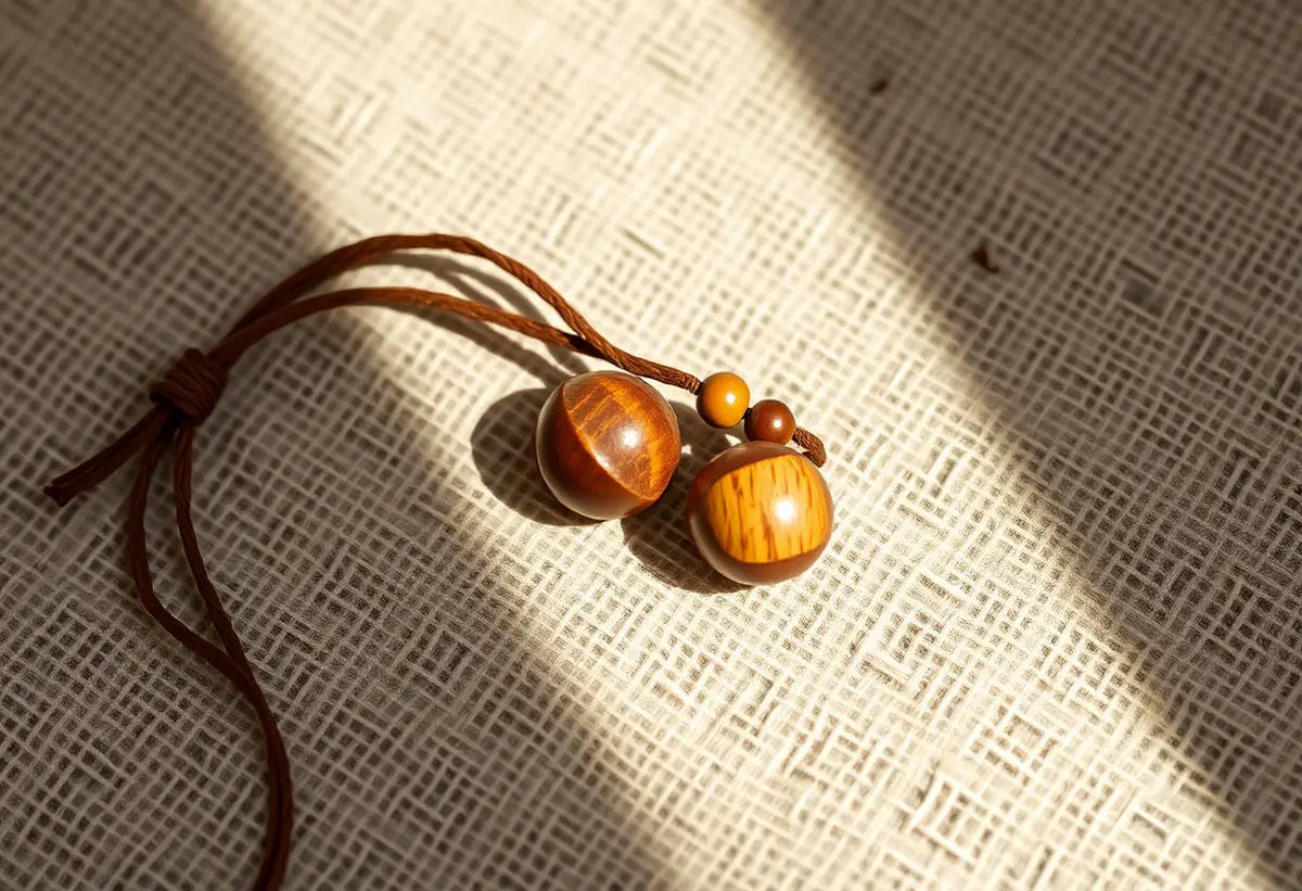 Perles en bois sur un tissu naturel, illustrant la pratique du tantra