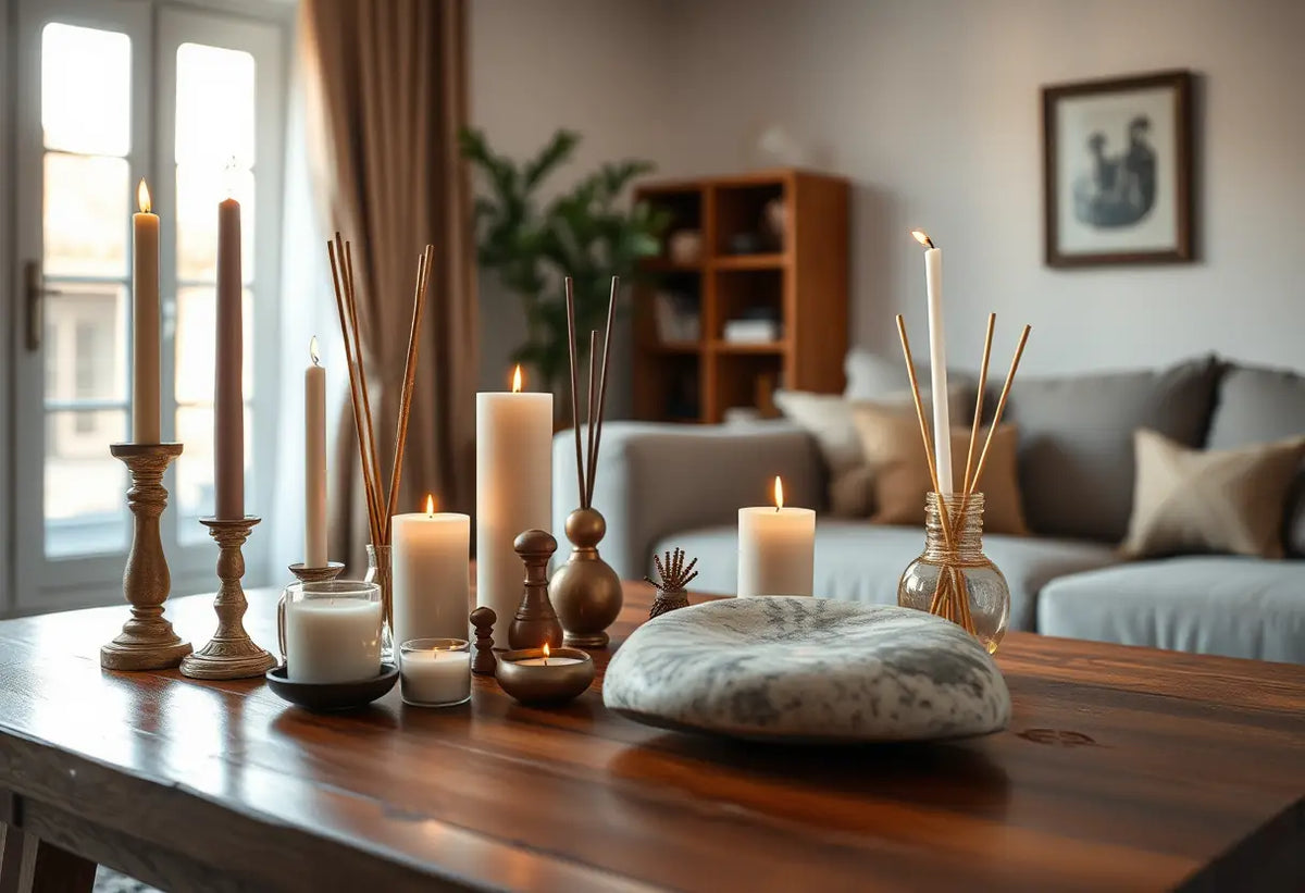 Un bureau avec bougies, pierre et encens pour la pratique tantrique