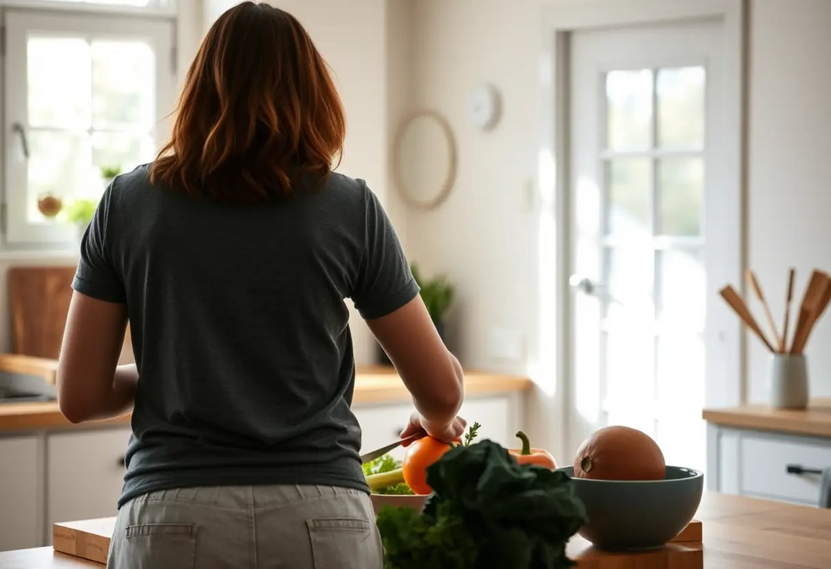 Personne préparant des légumes dans la cuisine pour renforcer le périnée