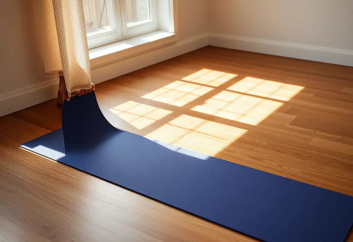 Une personne étend un tapis de yoga sur un plancher en bois, lumière naturelle met en valeur la texture du bois et du tapis