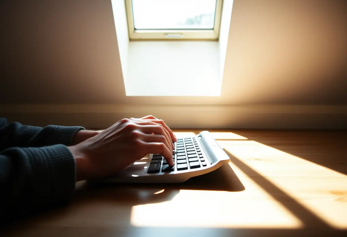 Des mains tapent sur un clavier sous une verrière éclairée par la lumière naturelle, projetant de longues ombres au sol.
