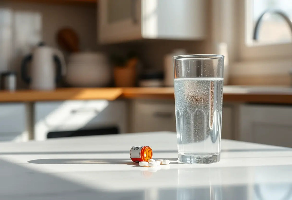 Verre d'eau et bouteille de médicaments sur comptoir de cuisine, lumière matinale
