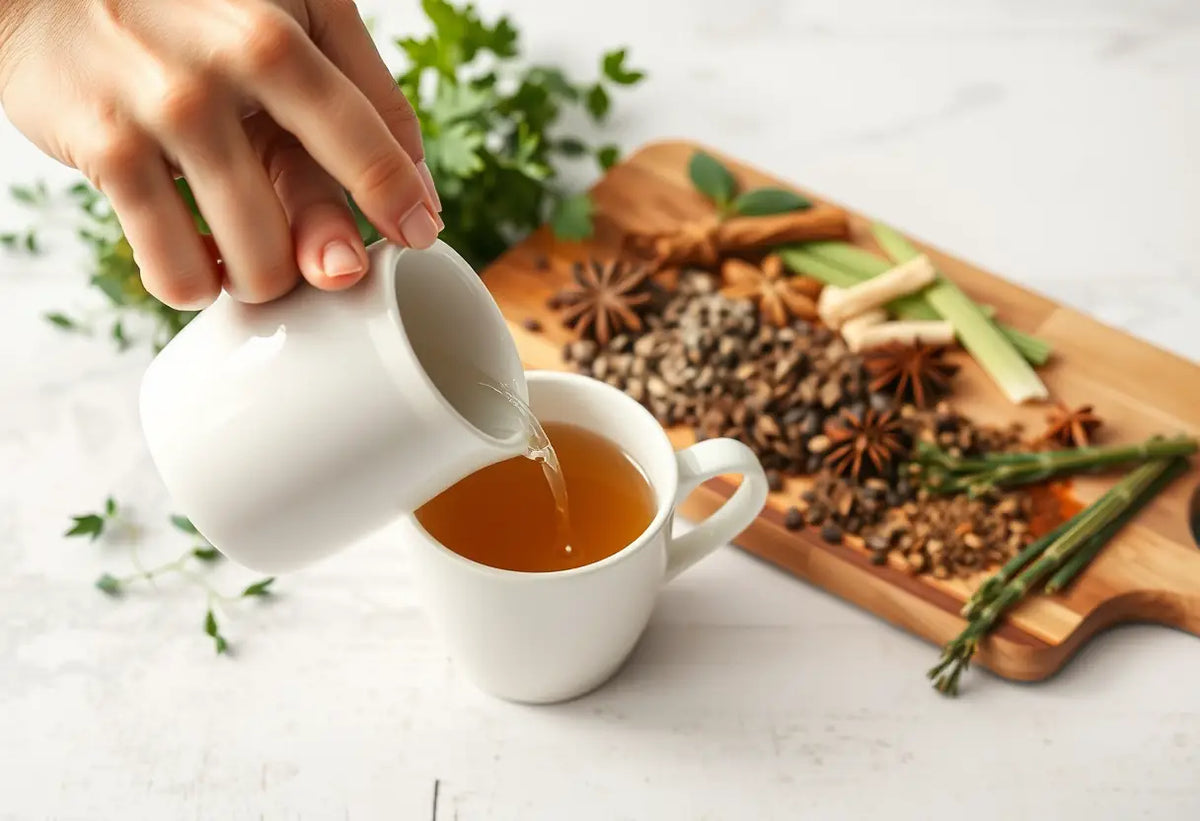 Main versant du thé dans une tasse près d’herbes aromatiques