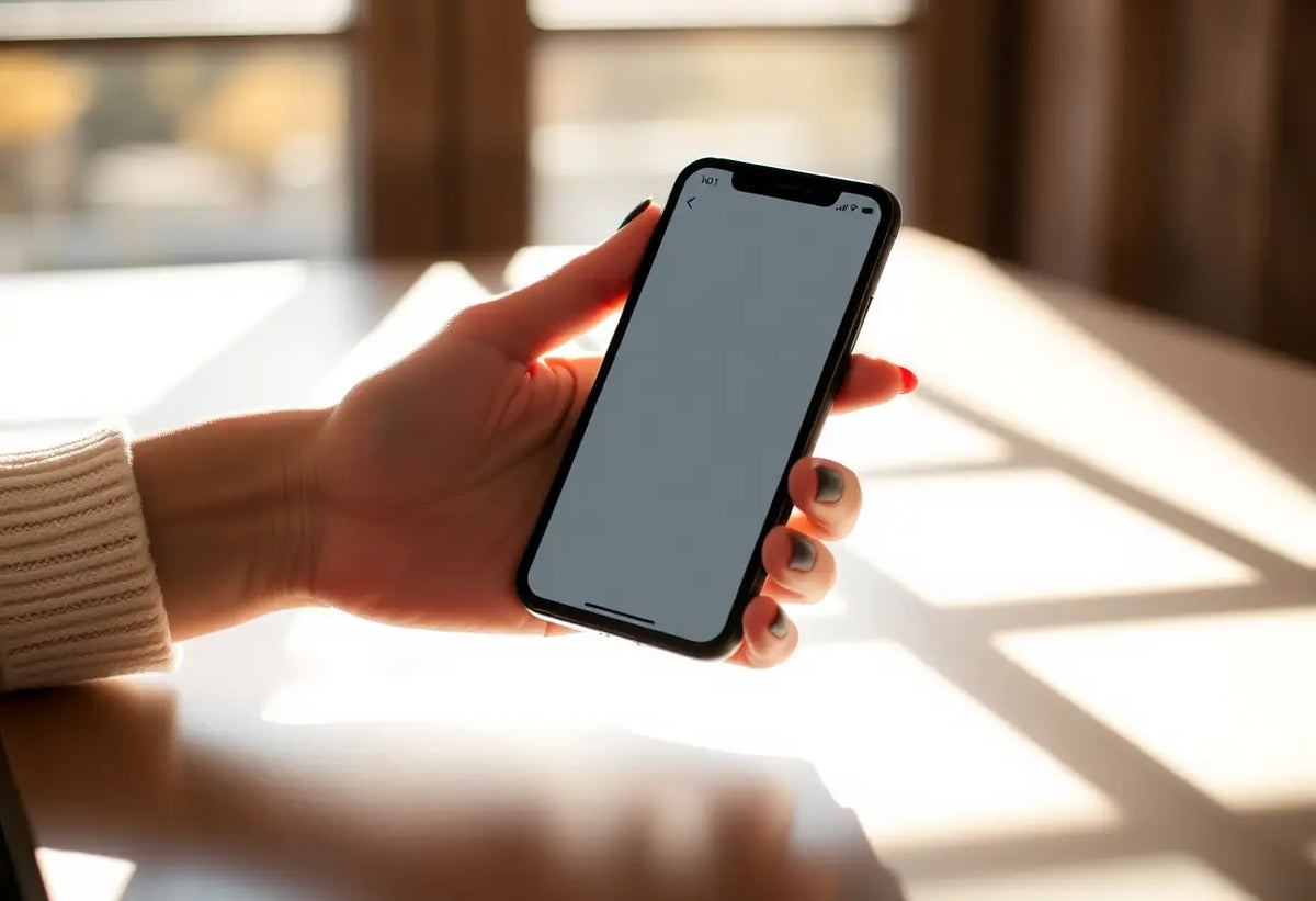 Main de femme tenant un smartphone avec application ouverte sur un bureau, lumière naturelle réchauffante