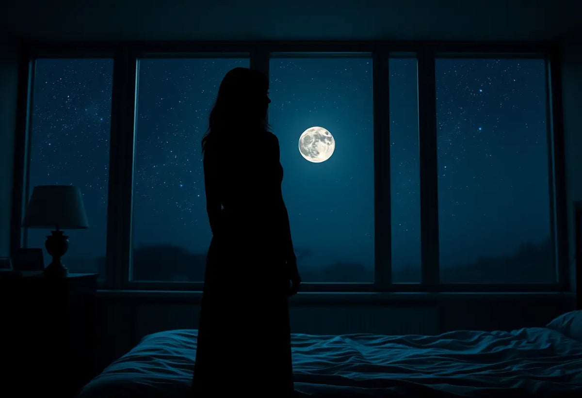 La silhouette d'une femme regardant les étoiles depuis une chambre, la lune éclairant doucement l'intérieur.