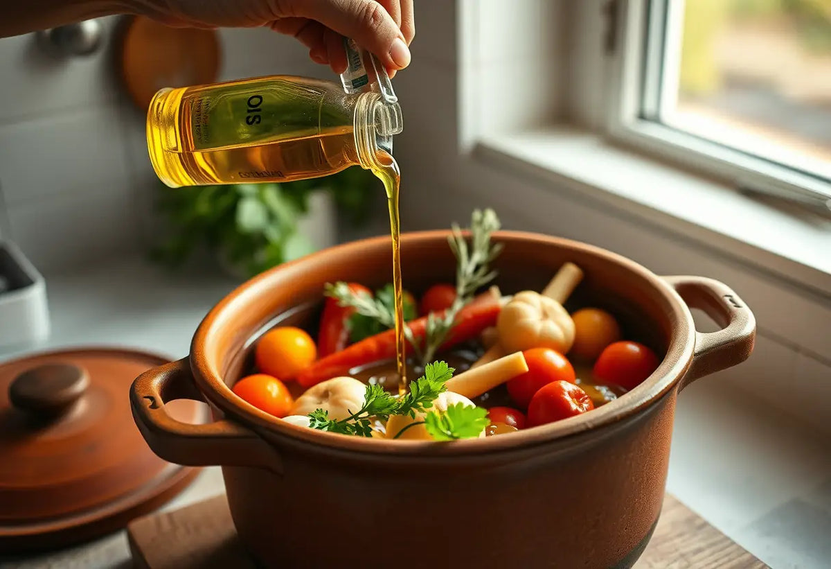 Une main verse de l'huile d'olive dans un grand pot en argile plein de légumes, lumière du matin