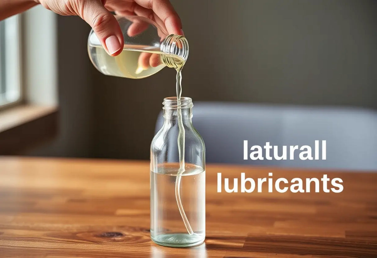 Une main verse un liquide clair dans une bouteille en verre sur une table en bois, représentant l'utilisation de lubrifiants naturels