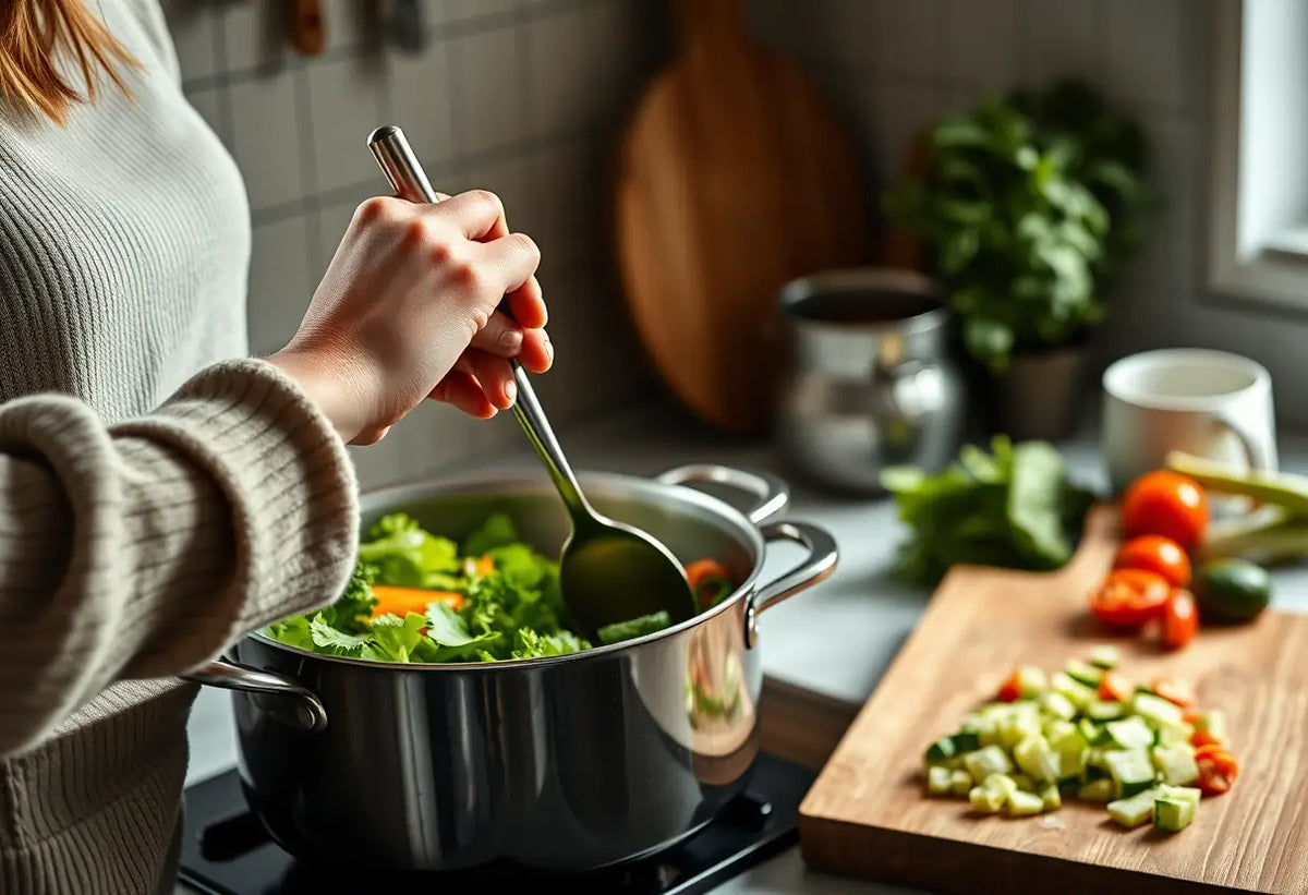 Main de femme tenant une cuillère en bois dans la cuisine