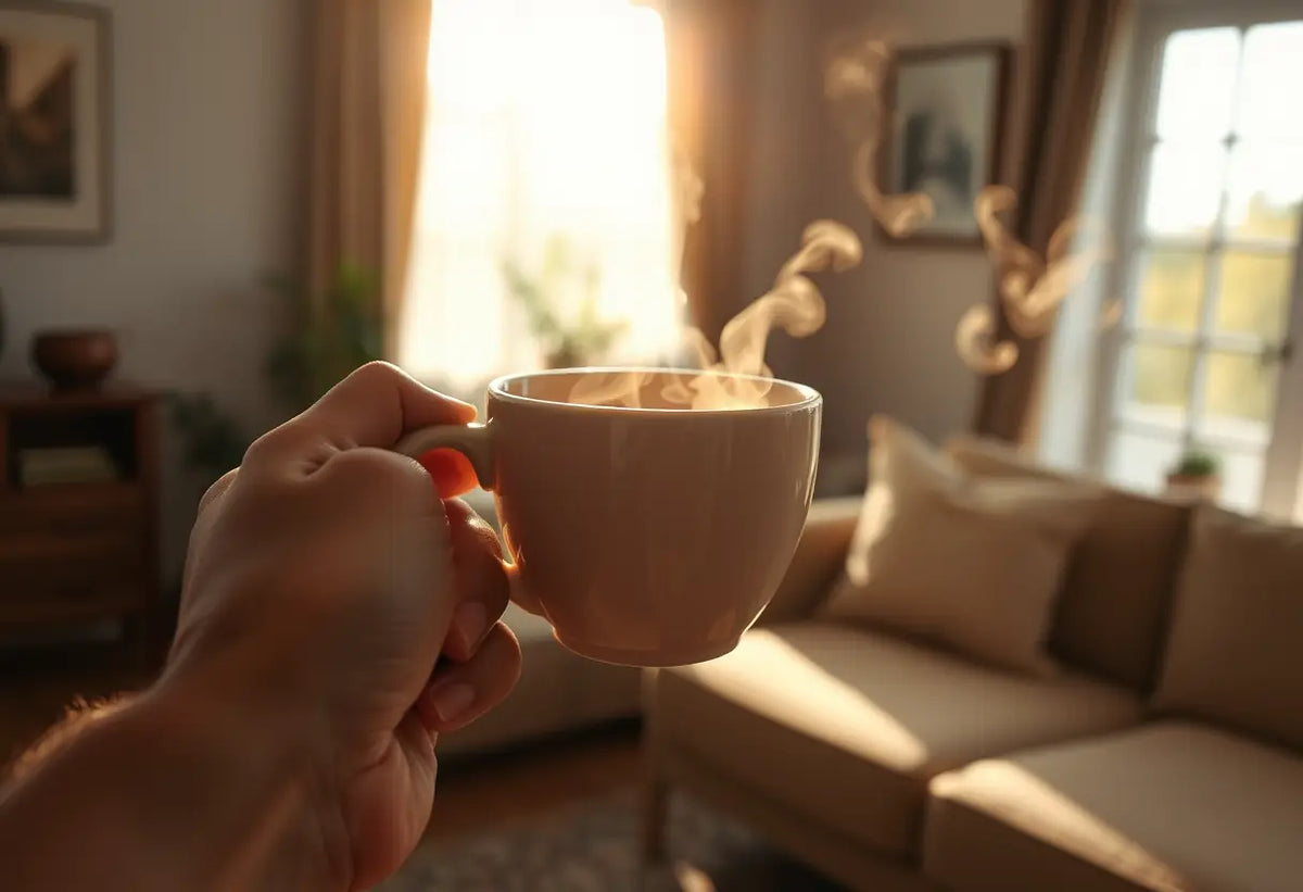 Une main tenant une tasse de thé aromatique dans un salon accueillant, lumière naturelle filtrée par les rideaux