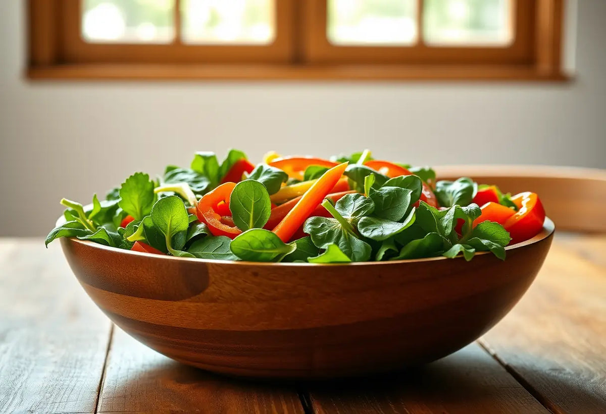 Salade colorée dans un bol en bois