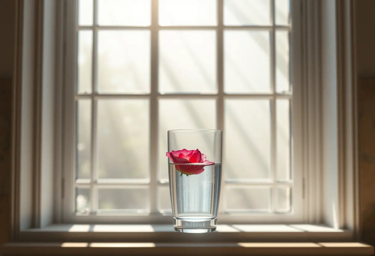 Une fenêtre avec un pétalement de rose flottant dans un verre d'eau, symbole de résilience