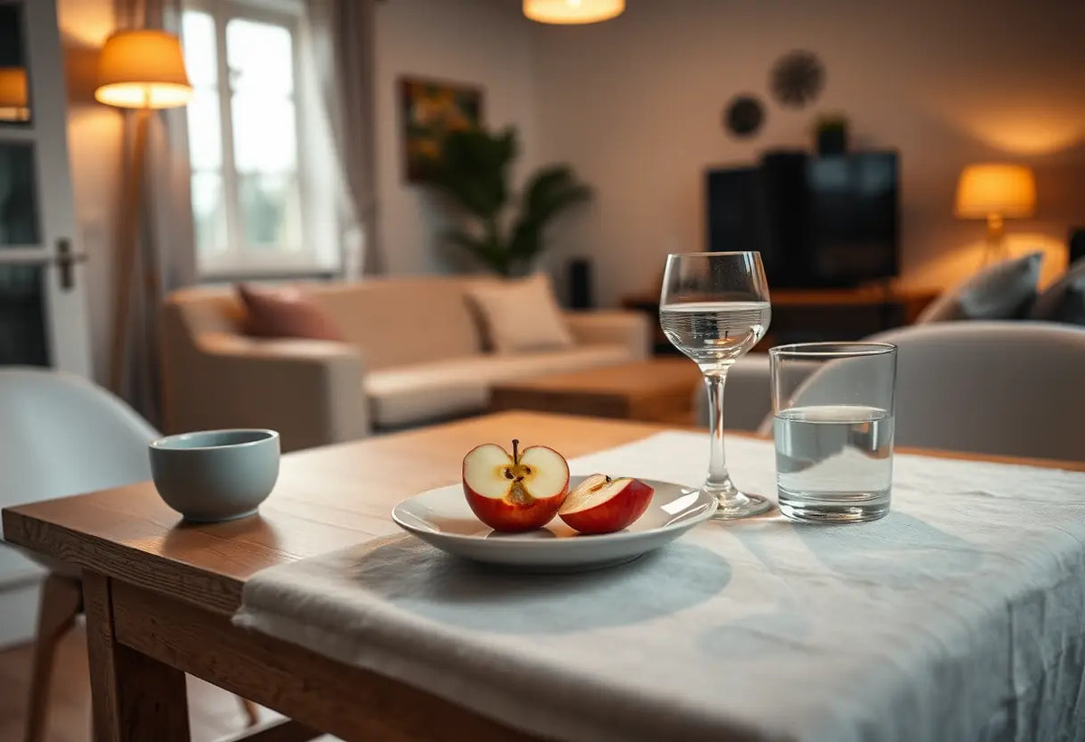 Un couvert pour deux avec une pomme et un verre d'eau sur une table de cuisine, lumière tamisée