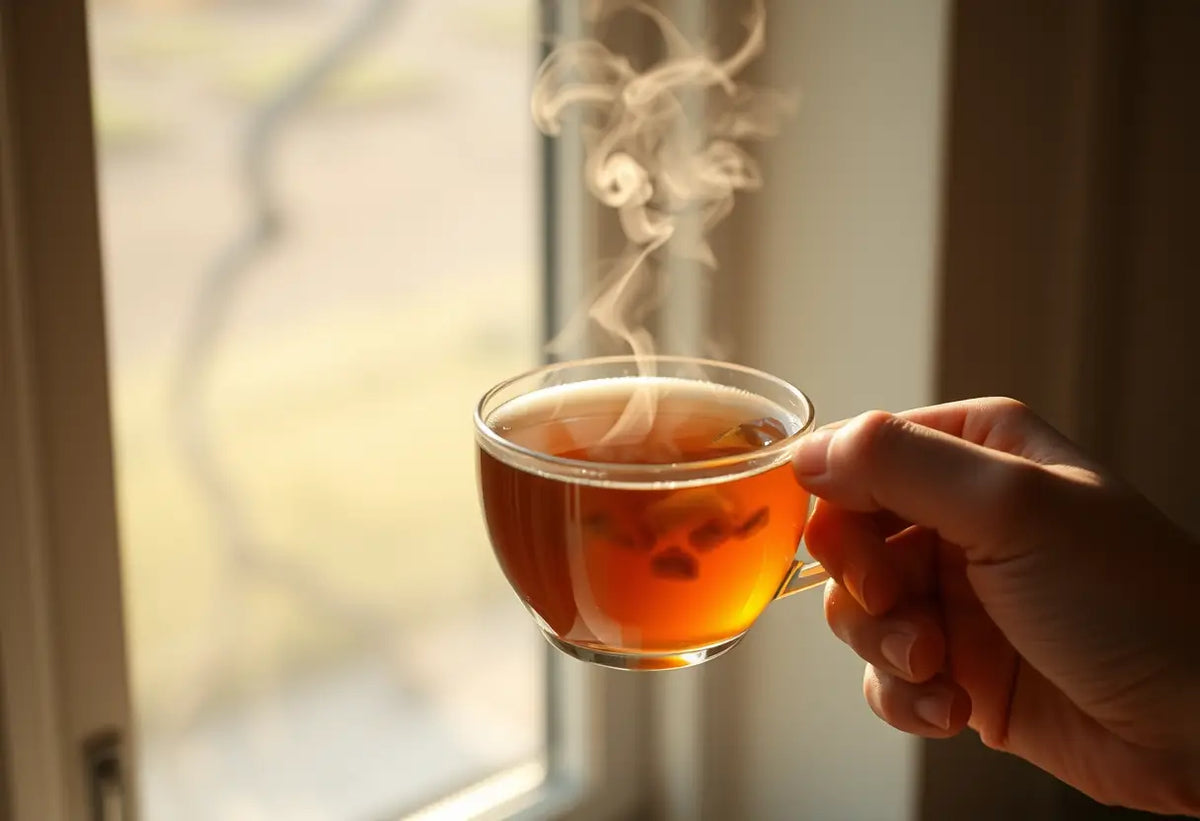 Une main tenant une tasse de thé herbeux, éclairée par la lumière du soleil