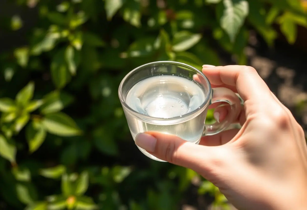 Une main tenant un verre d'eau près d'un jardin, la lumière naturelle souligne les gouttes d'eau