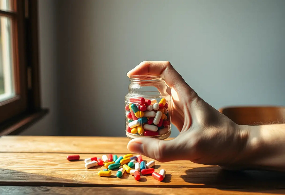 Une main tenant une bouteille de comprimés colorés sur une table en bois, lumière naturelle.