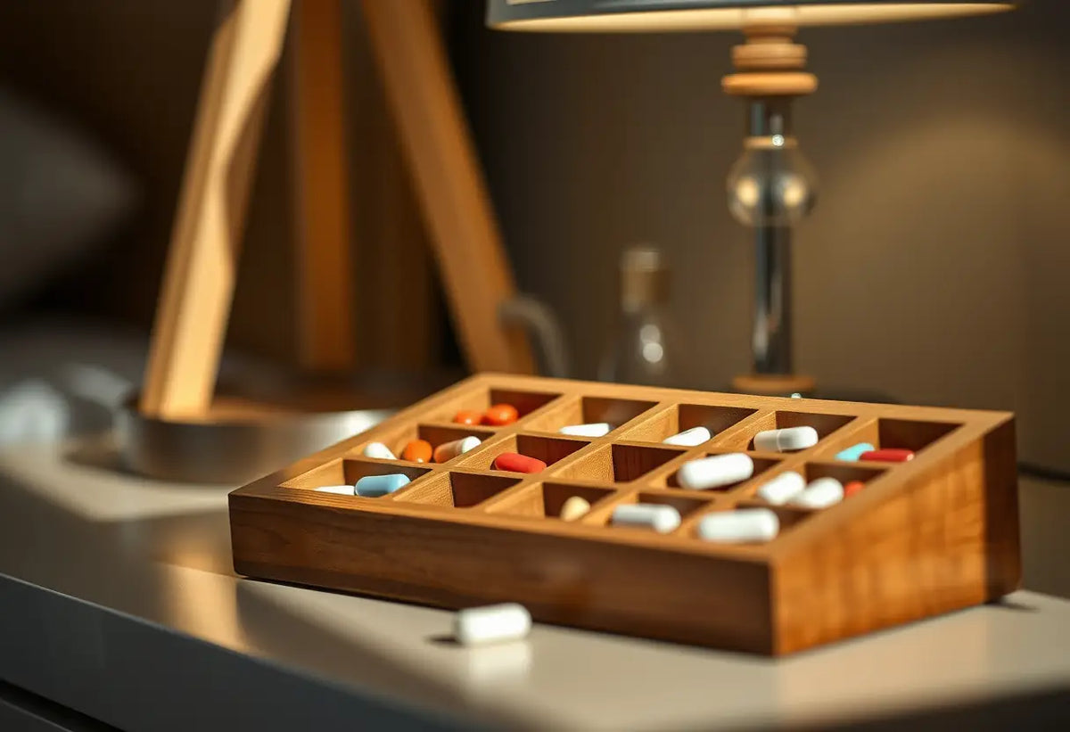 Un organisateur de médicaments en bois avec plusieurs compartiments, chacun contenant des comprimés différents, placé sur une table de nuit.