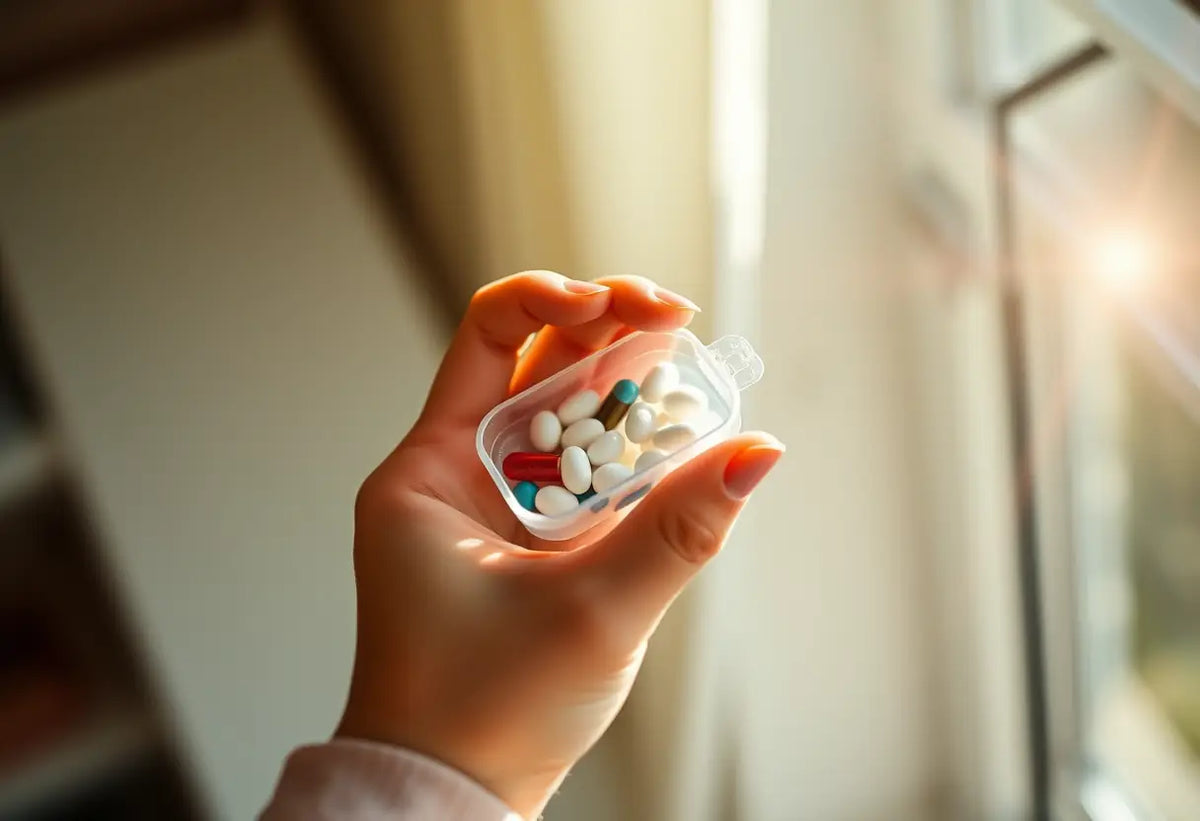 Une main féminine tenant un petit contenant en plastique rempli de comprimés, lumière naturelle chaude